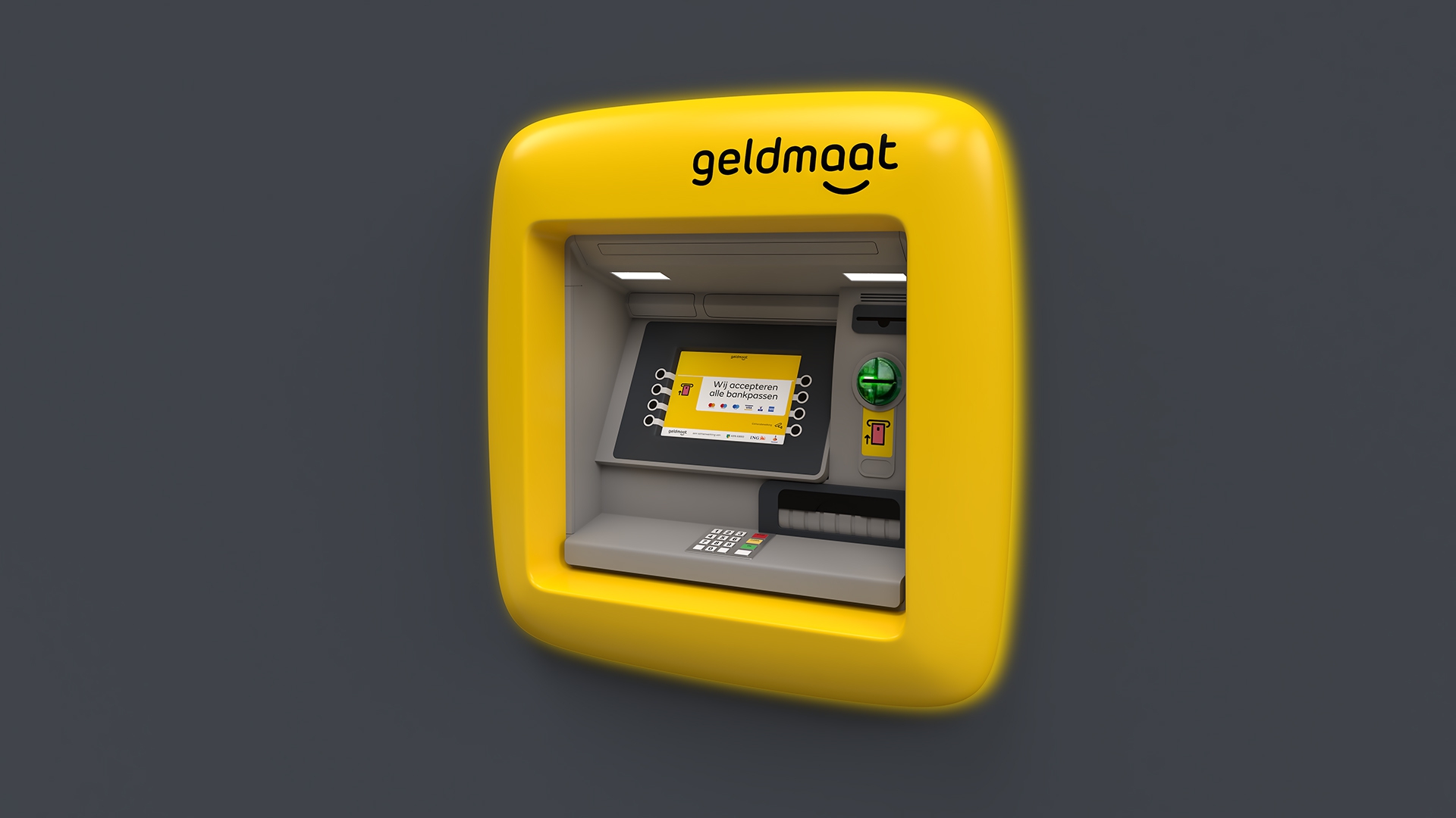 Geel Geldmaat-geldautomaat inbouw in donkere wand, met schermtekst ‘Wij accepteren alle bankpassen’ en kaart- en pincodepaneel.