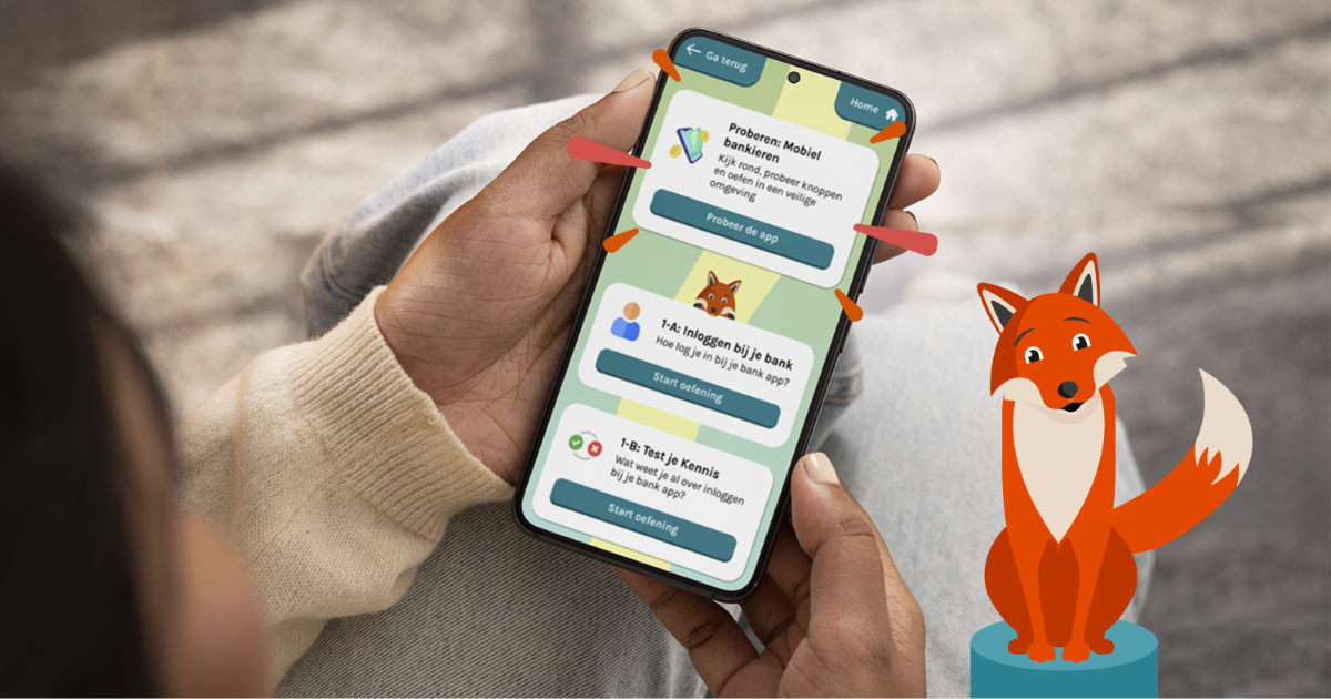 Persoon bekijkt oefenapp voor veilig mobiel bankieren op smartphone, met pijlen en een vrolijke oranje vos als digitale gids.