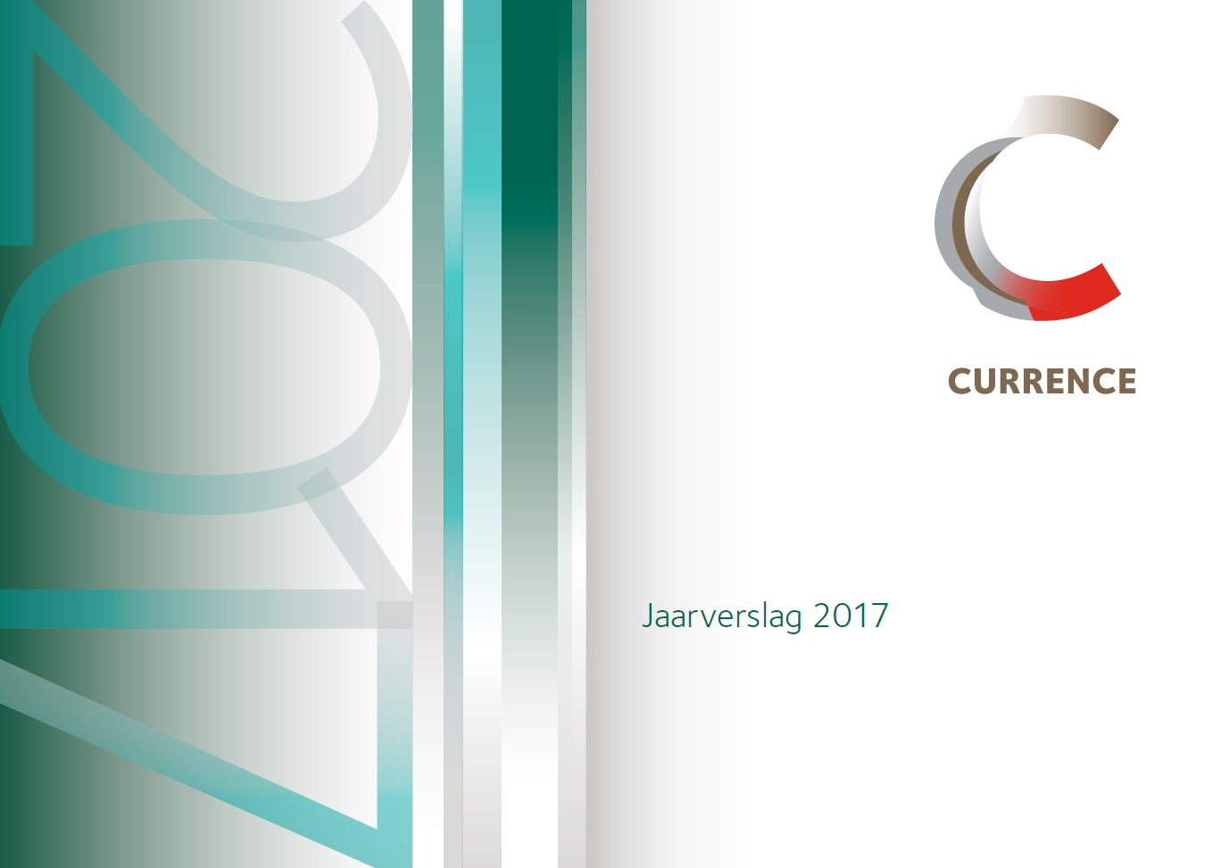 Voorpagina Jaarverslag 2017 van Currence met logo rechts en abstracte groen-grijze grafische banen links.