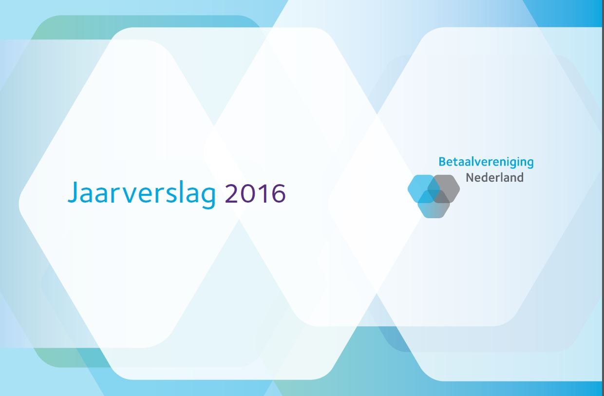 Voorpagina Jaarverslag 2016 van Betaalvereniging Nederland met logo en abstracte blauw-witte vlakken.