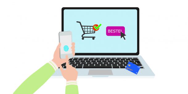 illustratie van iemand die een online bestelling doet op een laptop