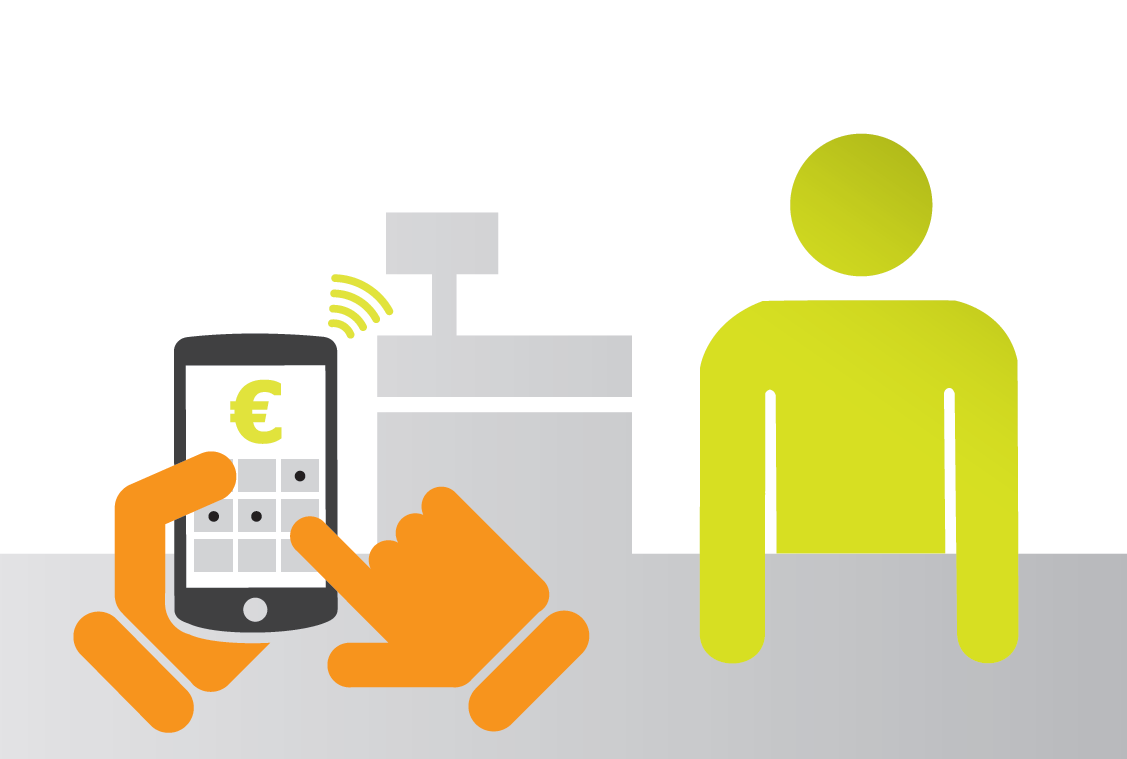 Illustration of mobile payment at the counter: a customer uses a smartphone with contactless payment while a cashier stands behind the point-of-sale.