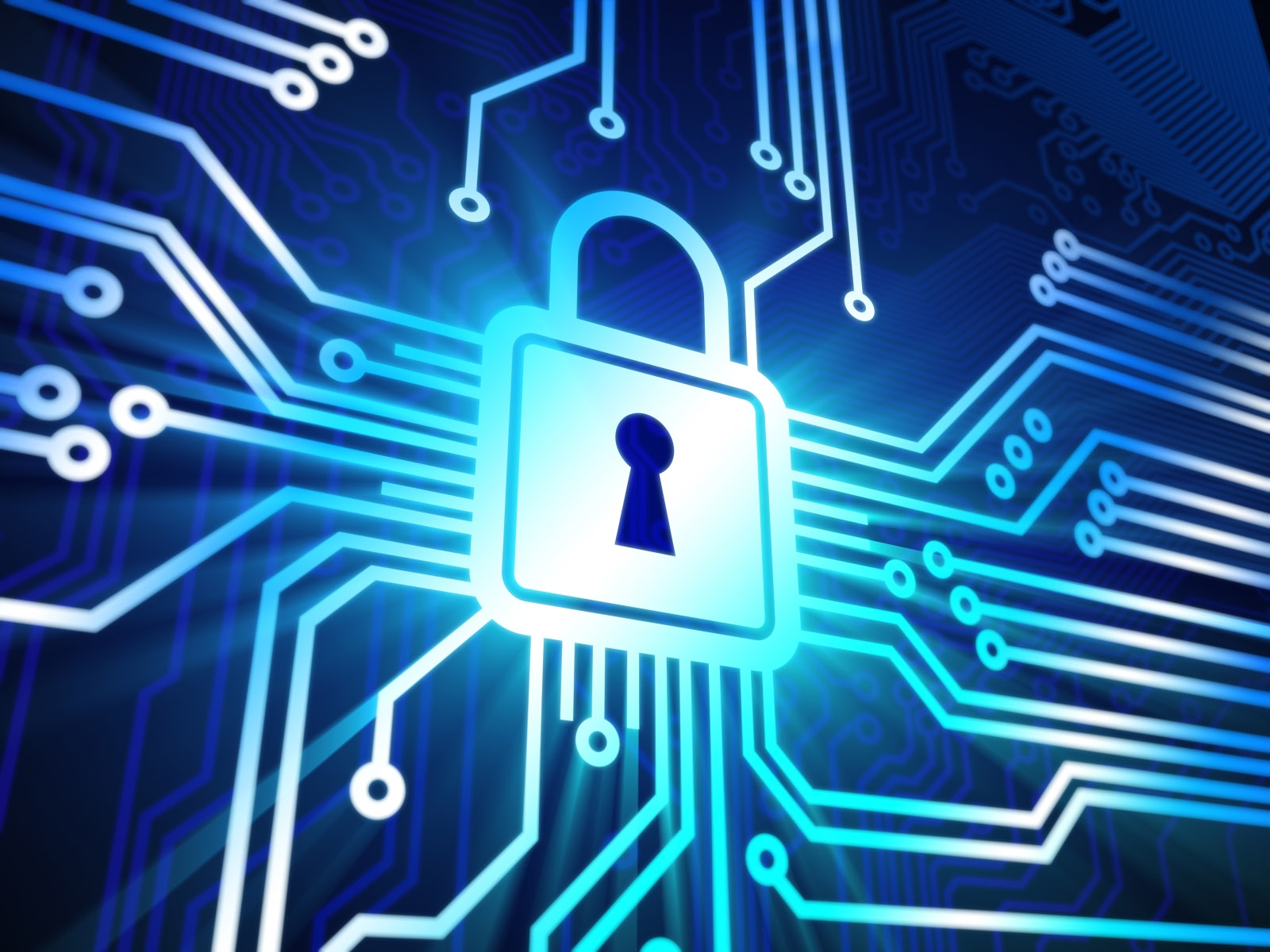 Stylized digital padlock in a network of blue circuit boards and data lines, symbolizing encryption and online security.