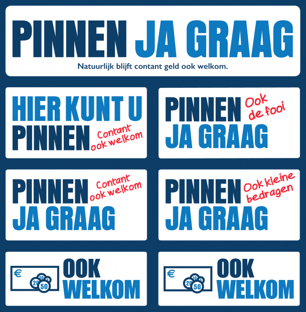 Sheet of ‘Contant geld ook welkom’ stickers indicating that cash is accepted.