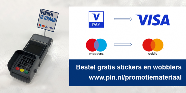 Promotional materials for Debit Card Acceptance, including stickers and wobblers for businesses.