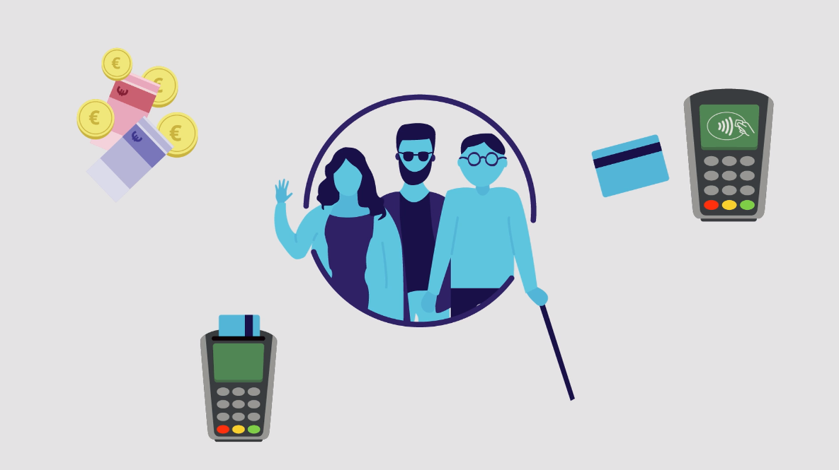 Illustration of a diverse group of people, including a visually impaired or blind person with a cane, surrounded by various payment methods such as cash, a debit card and payment terminals. The image emphasizes inclusive and accessible payment options for everyone.