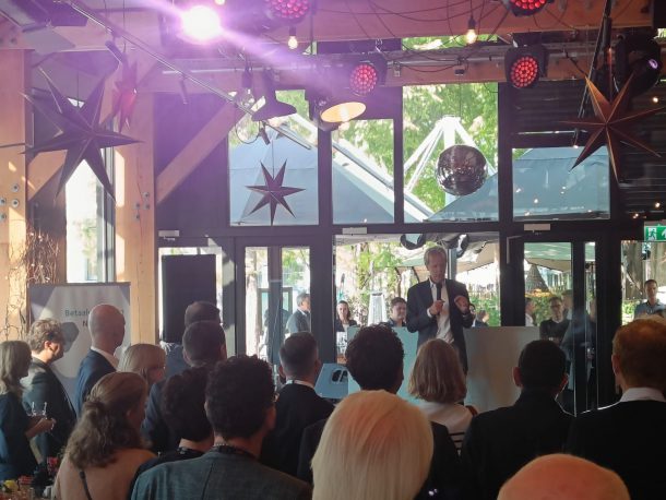 Gottfried Leibbrandt addresses payments professionals at a networking event ahead of Sibos 2022 in Amsterdam.