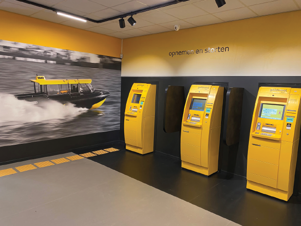 Illustration of a Geldmaat cash machine with contactless functionality.
