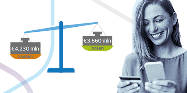 Balance scale compares costs and benefits of payments, while woman smiling with smartphone and debit card makes a digital payment.