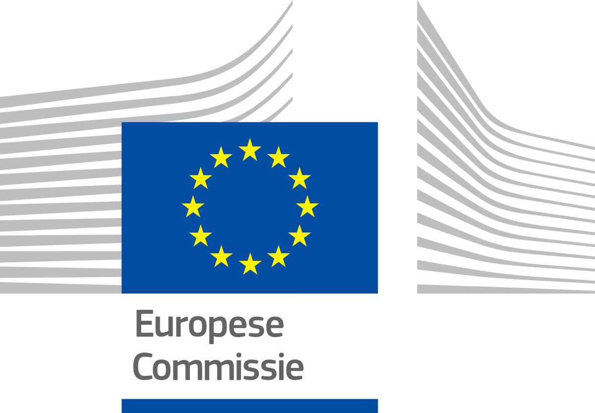 European Commission logo with EU flag and stylized gray lines of the Berlaymont building on black background.