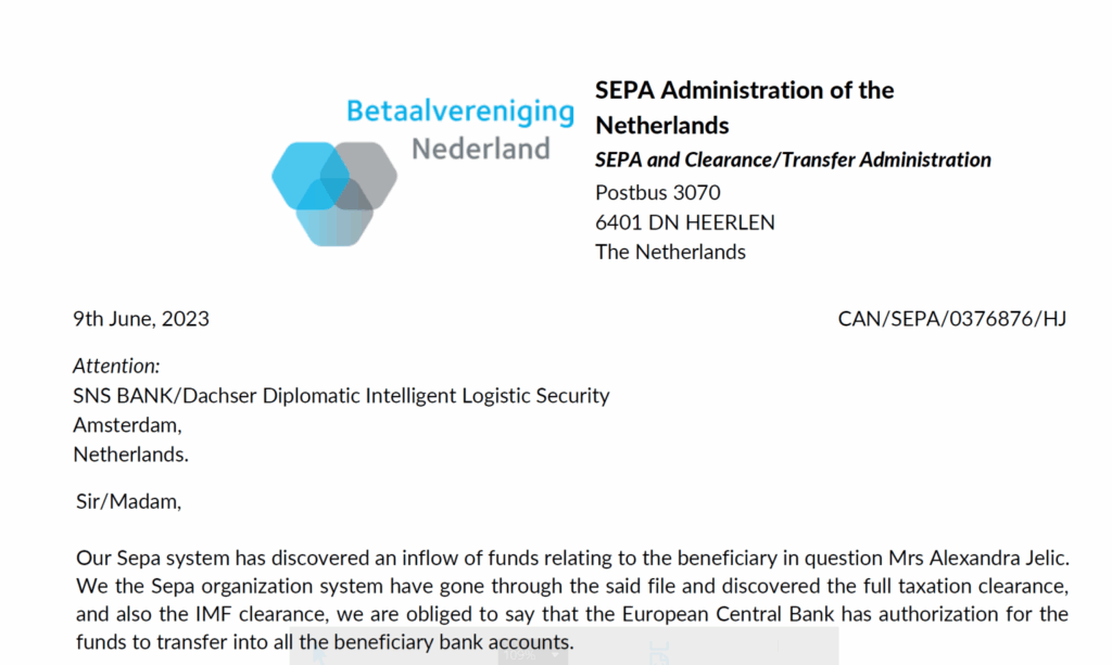 Example of a fraudulent letter purporting to be from the Dutch Payments Association.