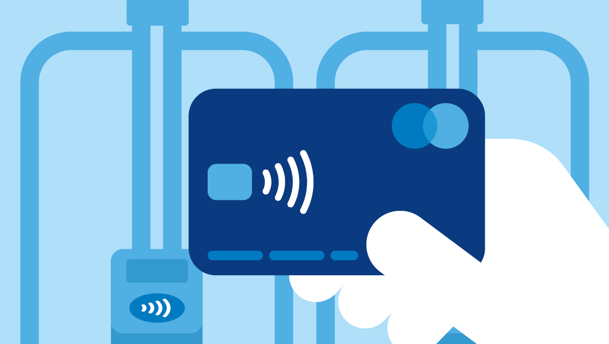 Illustration of a hand holding a contactless debit card in front of a public transport card reader at entrance gates to check in.
