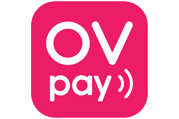 Pink square logo with white text 'OVpay' and contactless payment symbol.