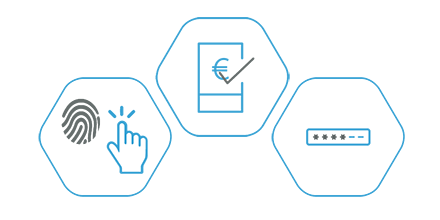 Drie hexagon-iconen voor sterke klantauthenticatie: vingerafdruk met tikgebaar, smartphone met euro en vinkje, en wachtwoordveld met sterretjes.