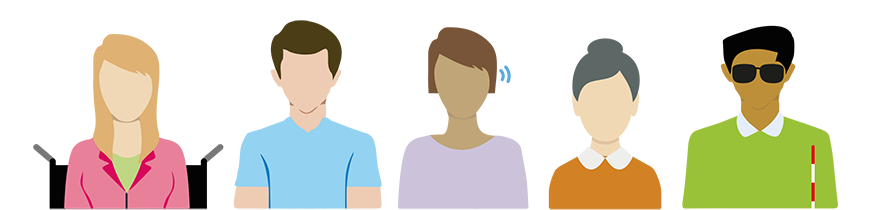 Illustration of five diverse people, including hearing aids and white canes, as a symbol for inclusive accessibility.