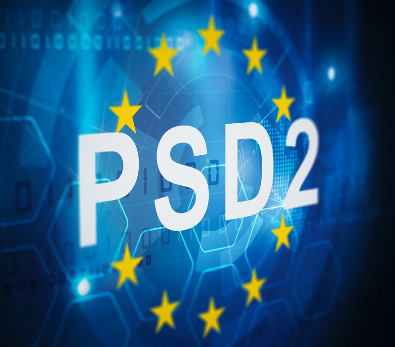Illustration with the text PSD2 surrounded by EU stars on a digital background, as a reference to European regulations for payment services and open banking.