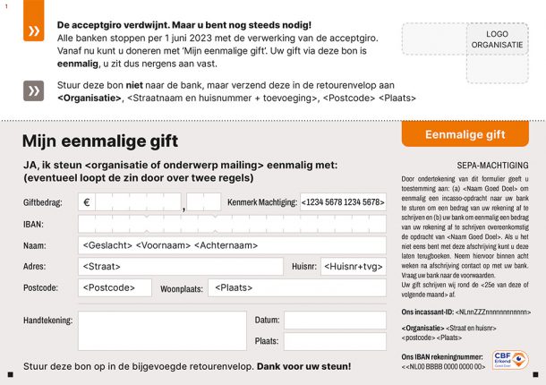 Example of the ‘My one-off donation’ paper form with payment details and a SEPA direct debit authorisation.