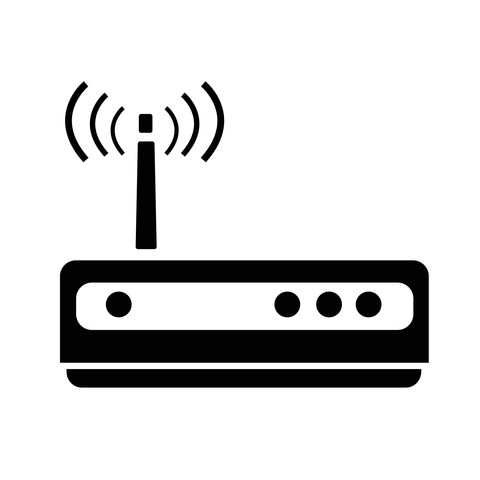 Black icon of a wireless router with antenna and radio waves, symbol for wifi or network connection.