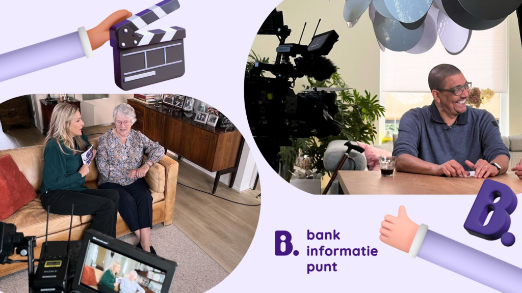 Jörgen Raymann en Lucille Werner van bankinformatiepunt worden in een huiselijke setting gefilmd, met grote camera’s op de voorgrond, terwijl zij ontspannen met klanten praten.