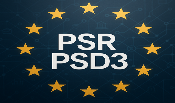 EU-sterrenkring rond de tekst PSR PSD3 op een digitale achtergrond over Europese betaalregelgeving.