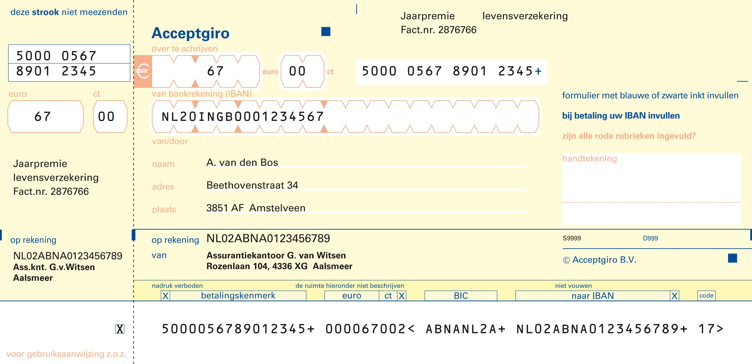 Voorbeeld van een ingevulde acceptgiro met bedrag, IBAN, naam en adres, bedoeld om stap voor stap te laten zien hoe een betaling per acceptgiro werkt. De acceptgiro toont duidelijk gemarkeerde velden voor het invullen van het te betalen bedrag in euro’s en centen, het IBAN van de betaler en de persoonsgegevens zoals naam en adres. Daarnaast zijn instructies opgenomen over het gebruik van blauwe of zwarte inkt, het invullen van het IBAN bij betaling en het controleren of alle verplichte rode vakken zijn ingevuld. Onderaan staan de gegevens van de ontvanger, het betalingskenmerk en de machinale leesregel, die samen zorgen voor correcte verwerking van de betaling.