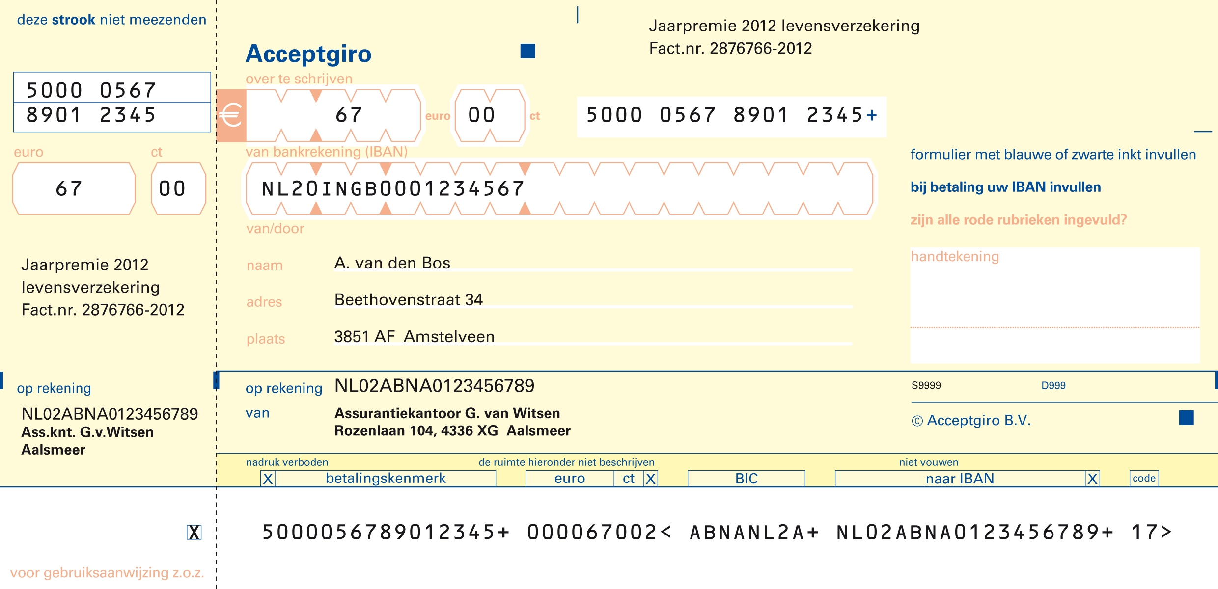 Voorbeeld van een Nederlandse acceptgiro: een voorgedrukt papieren betalingsformulier met velden voor bedrag, IBAN, naam, adres, factuurnummer en handtekening, gebruikt voor het handmatig overmaken van geld.