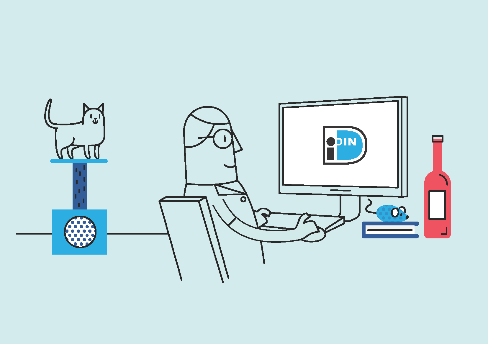 Illustratie van man die thuis achter computer met iDIN-logo inlogt, met kat op krabpaal en bureau vol spullen.