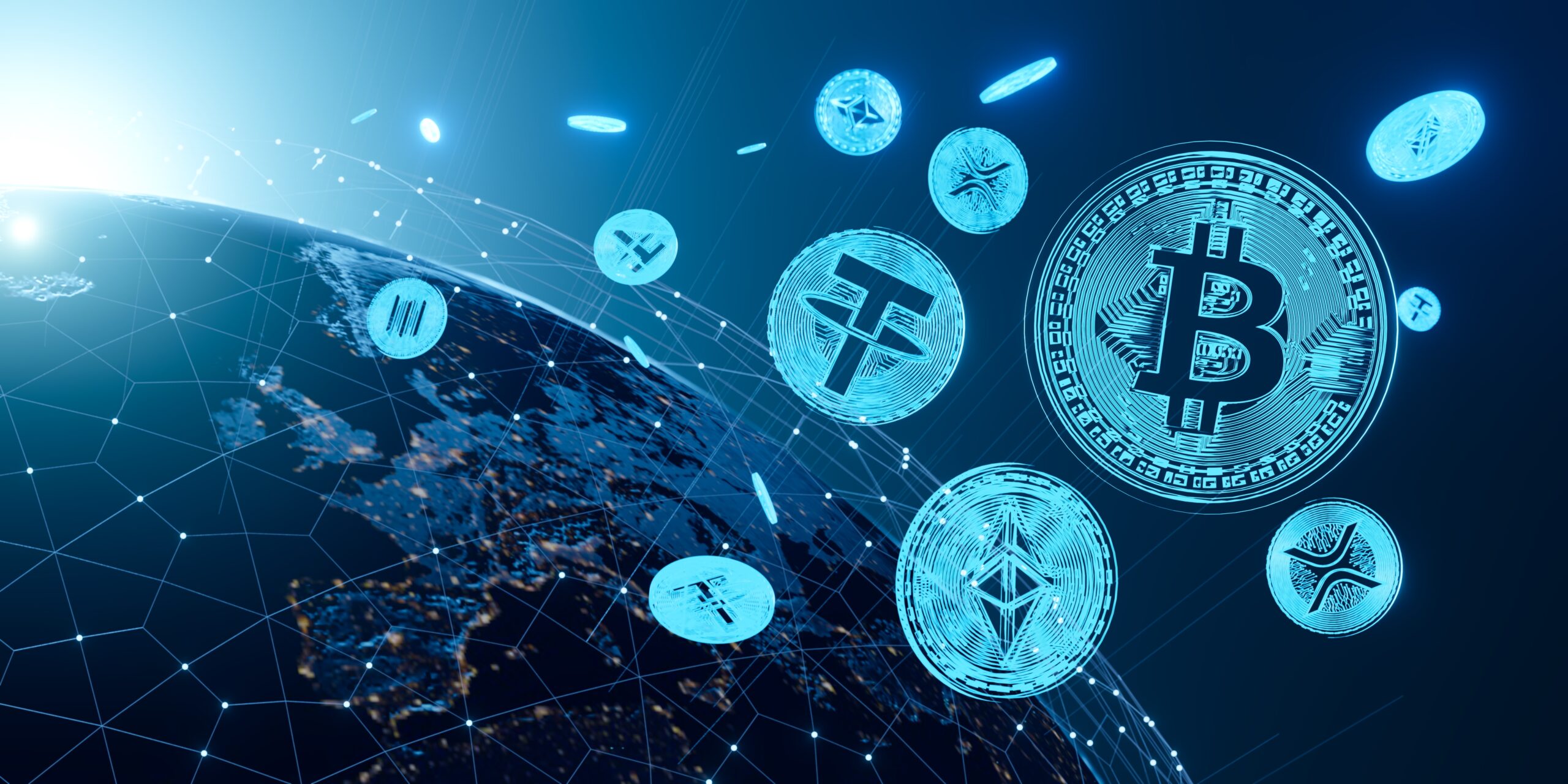 Digitale munten zoals bitcoin en ethereum zweven rond de aarde en verbeelden wereldwijd cryptobetalingsverkeer en blockchainnetwerken.