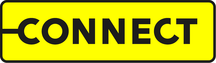 Geel rechthoekig logo met een zwarte rand en het woord “CONNECT” in zwarte hoofdletters, gecentreerd in het vlak.