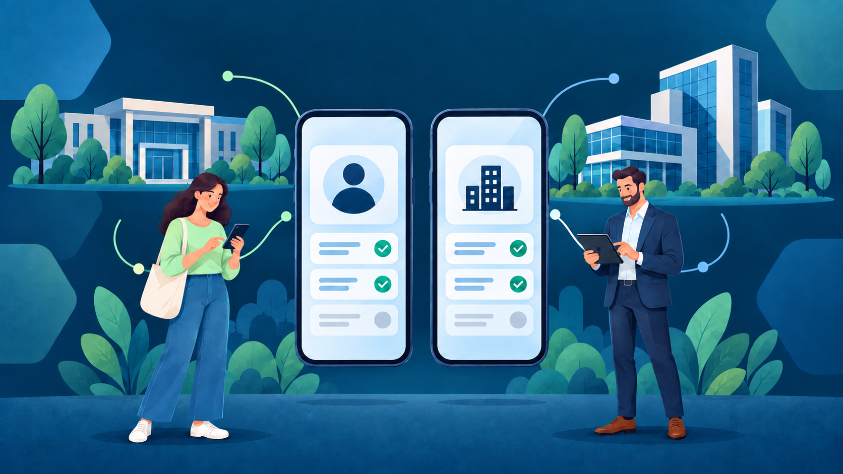 Illustratie van een vrouw met een smartphone en een man met een tablet, naast twee grote telefoons met geverifieerde persoons- en bedrijfsgegevens. Op de achtergrond staan moderne kantoorgebouwen.