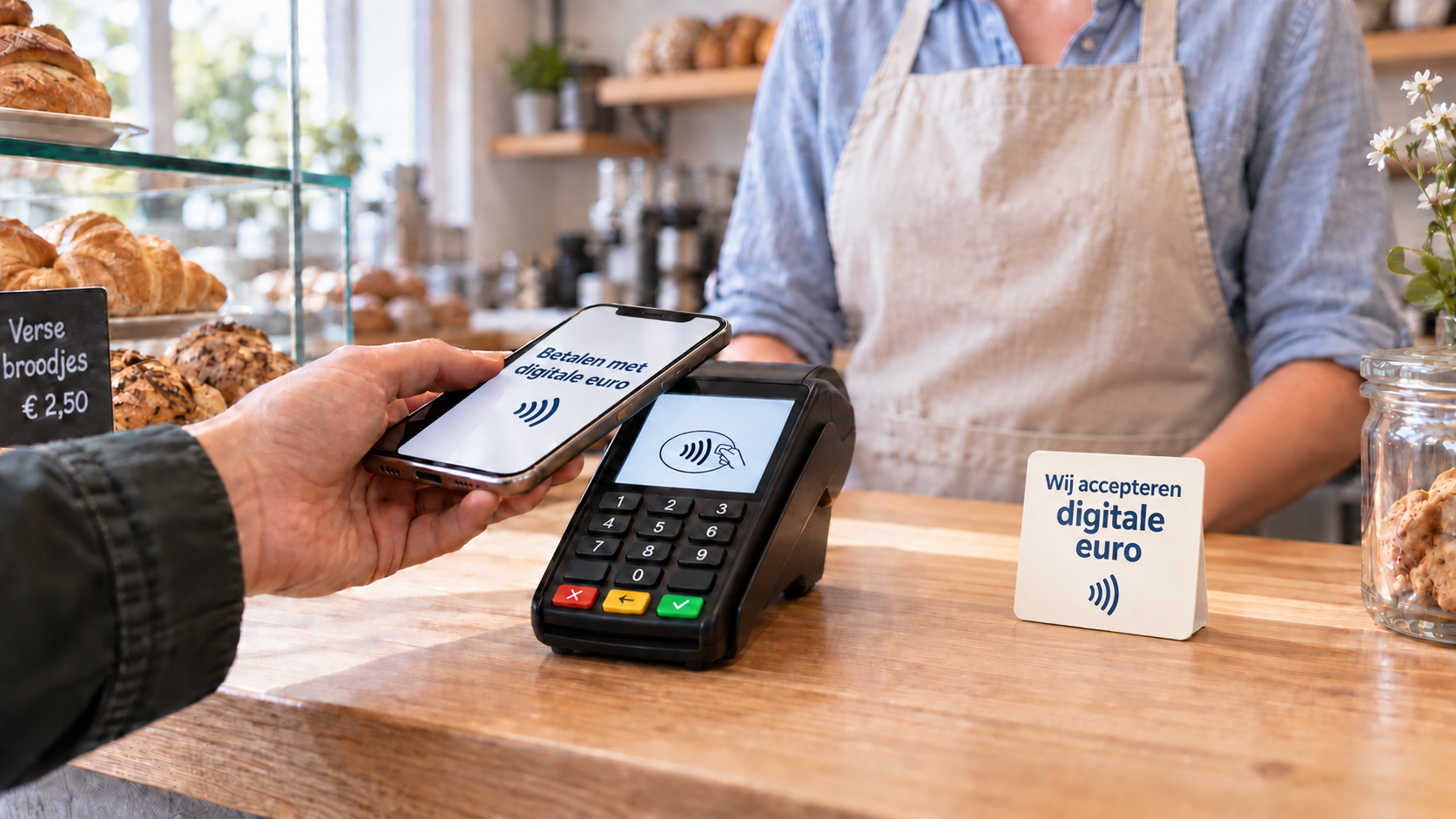 Klant betaalt contactloos met digitale euro via smartphone bij een pinterminal aan de balie van een lichte bakkerij.